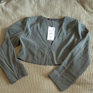 Zara Olive Button-Front Blouse